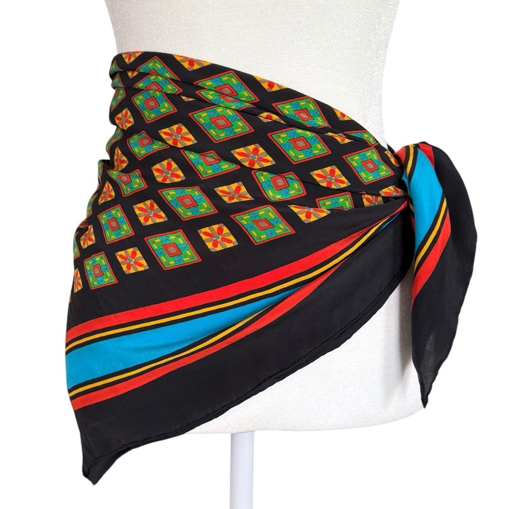 Vintage YSL 100% Silk Tie Waist Scarf 31.5" Colorful Geometric Mod Boho